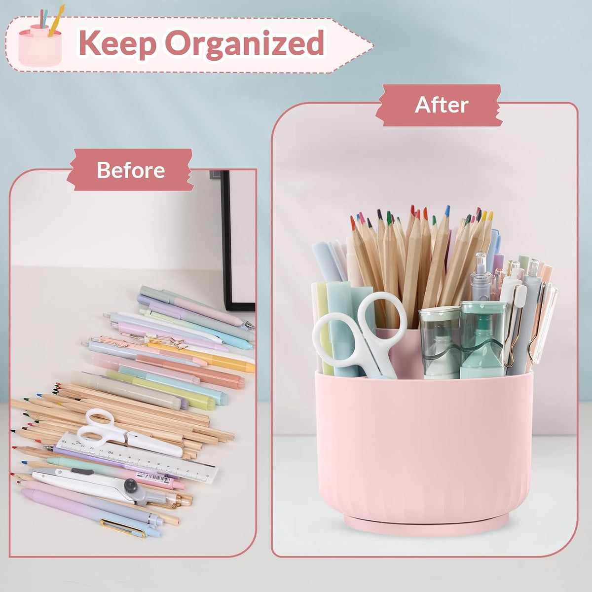 360 Degree Rotating Pencil Pen Holder for Desk, Dual-Purpose Desk Organizer, Rotating Pencil Cup with 5 Slots, Office Supplies, Desk Decor for Office, School, Home