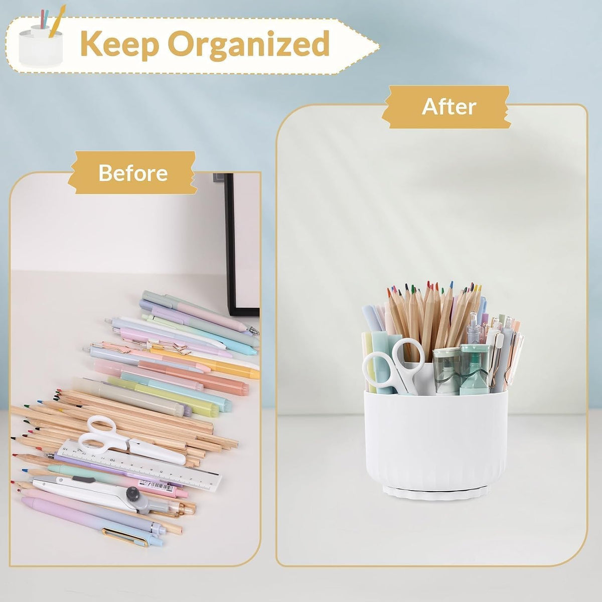 360 Degree Rotating Pencil Pen Holder for Desk, Dual-Purpose Desk Organizer, Rotating Pencil Cup with 5 Slots, Office Supplies, Desk Decor for Office, School, Home