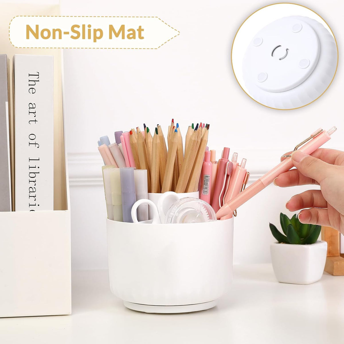 360 Degree Rotating Pencil Pen Holder for Desk, Dual-Purpose Desk Organizer, Rotating Pencil Cup with 5 Slots, Office Supplies, Desk Decor for Office, School, Home