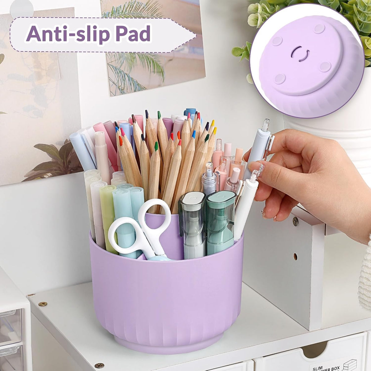 360 Degree Rotating Pencil Pen Holder for Desk, Dual-Purpose Desk Organizer, Rotating Pencil Cup with 5 Slots, Office Supplies, Desk Decor for Office, School, Home