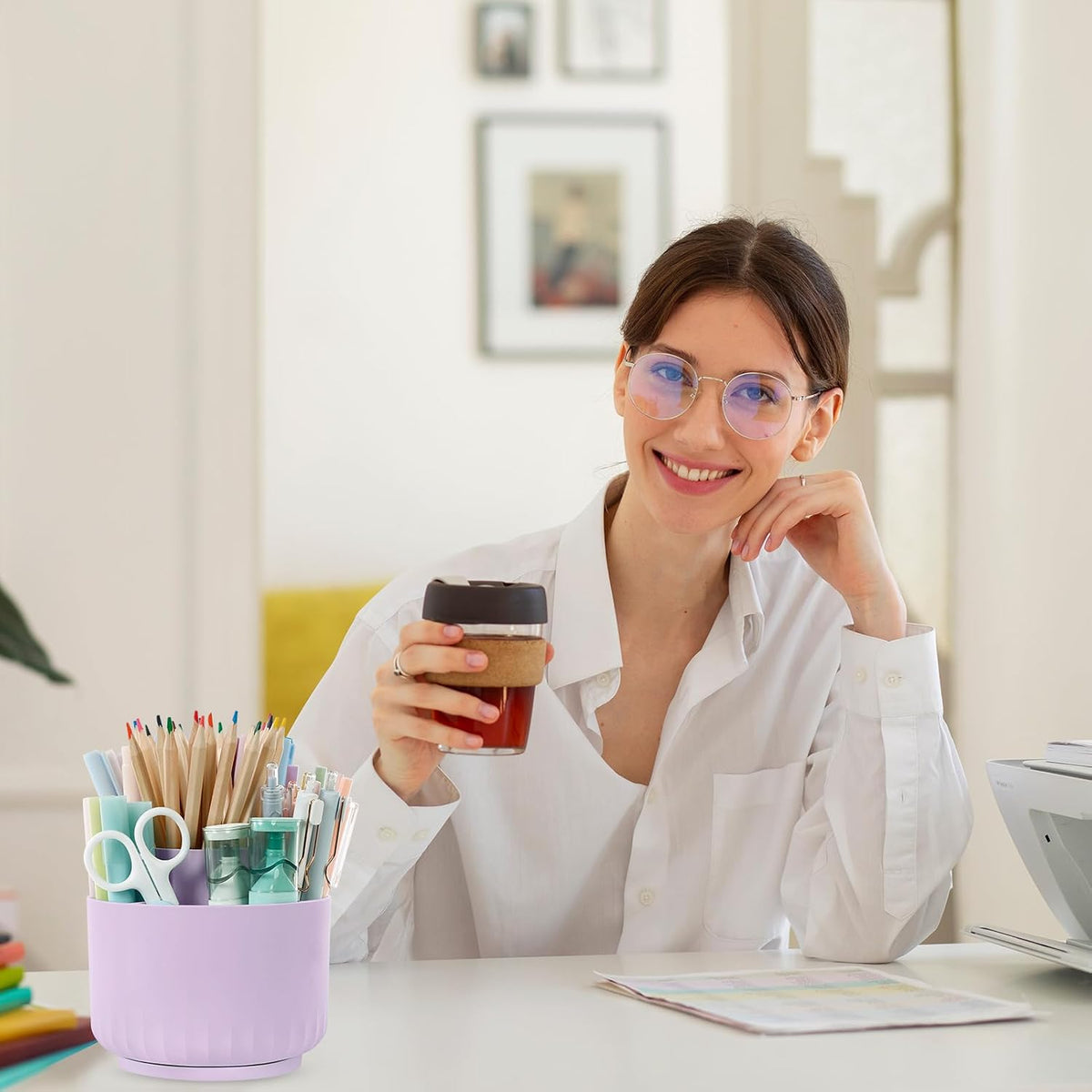 360 Degree Rotating Pencil Pen Holder for Desk, Dual-Purpose Desk Organizer, Rotating Pencil Cup with 5 Slots, Office Supplies, Desk Decor for Office, School, Home
