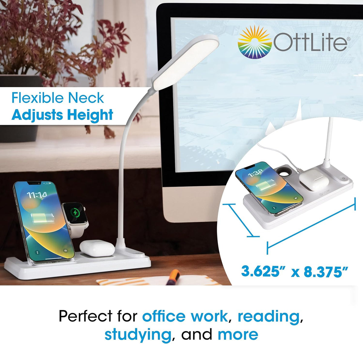 LED Desk Lamp with Multi-Device Wireless Charging Station, White