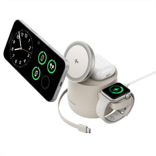 4 in 1 Qi2 Magnetic Wireless Charging Station, 15W Fast Charger with Made for Apple Watch Charging Module, for iPhone 17–12 Series & AirPods, 65W Adapter Included