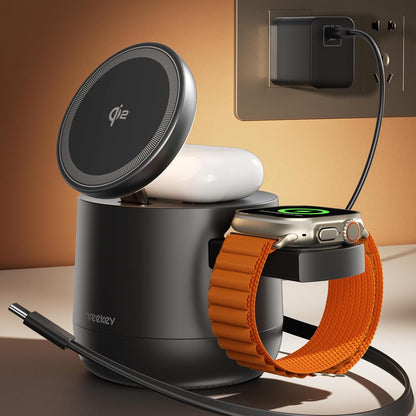 4 in 1 Qi2 Magnetic Wireless Charging Station, 15W Fast Charger with Made for Apple Watch Charging Module, for iPhone 17–12 Series & AirPods, 65W Adapter Included