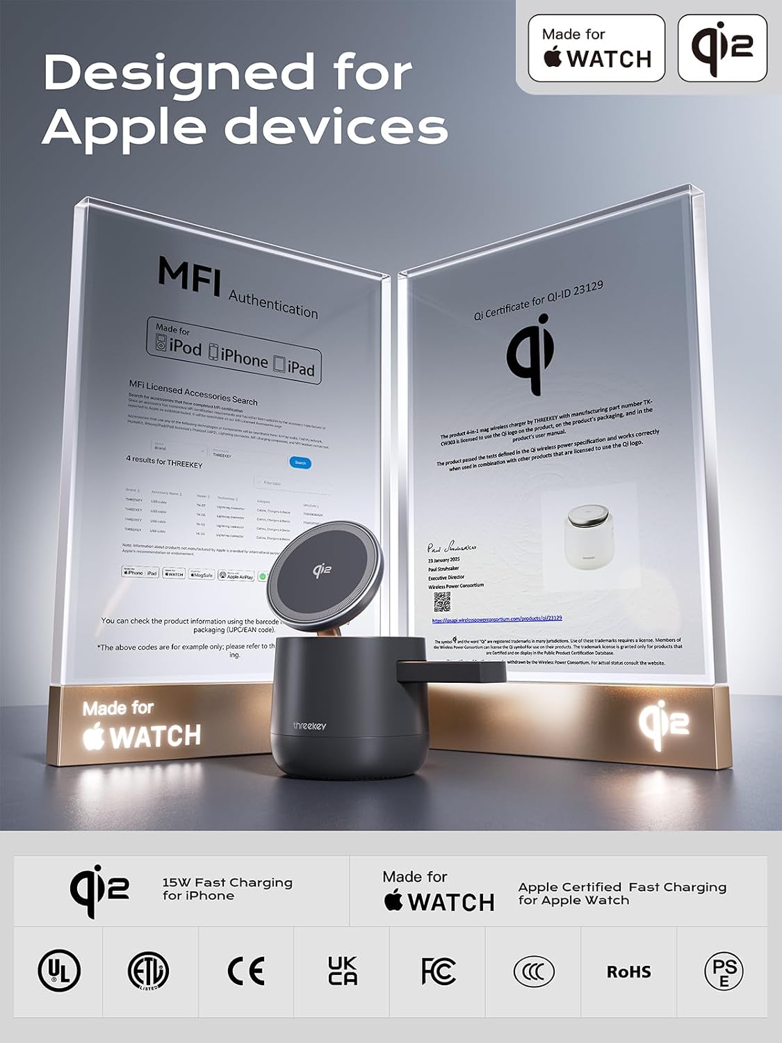 4 in 1 Qi2 Magnetic Wireless Charging Station, 15W Fast Charger with Made for Apple Watch Charging Module, for iPhone 17–12 Series & AirPods, 65W Adapter Included