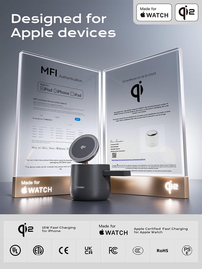 4 in 1 Qi2 Magnetic Wireless Charging Station, 15W Fast Charger with Made for Apple Watch Charging Module, for iPhone 17–12 Series & AirPods, 65W Adapter Included