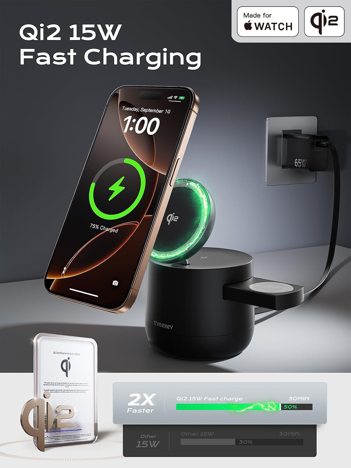 4 in 1 Qi2 Magnetic Wireless Charging Station, 15W Fast Charger with Made for Apple Watch Charging Module, for iPhone 17–12 Series & AirPods, 65W Adapter Included