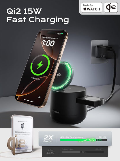 4 in 1 Qi2 Magnetic Wireless Charging Station, 15W Fast Charger with Made for Apple Watch Charging Module, for iPhone 17–12 Series & AirPods, 65W Adapter Included