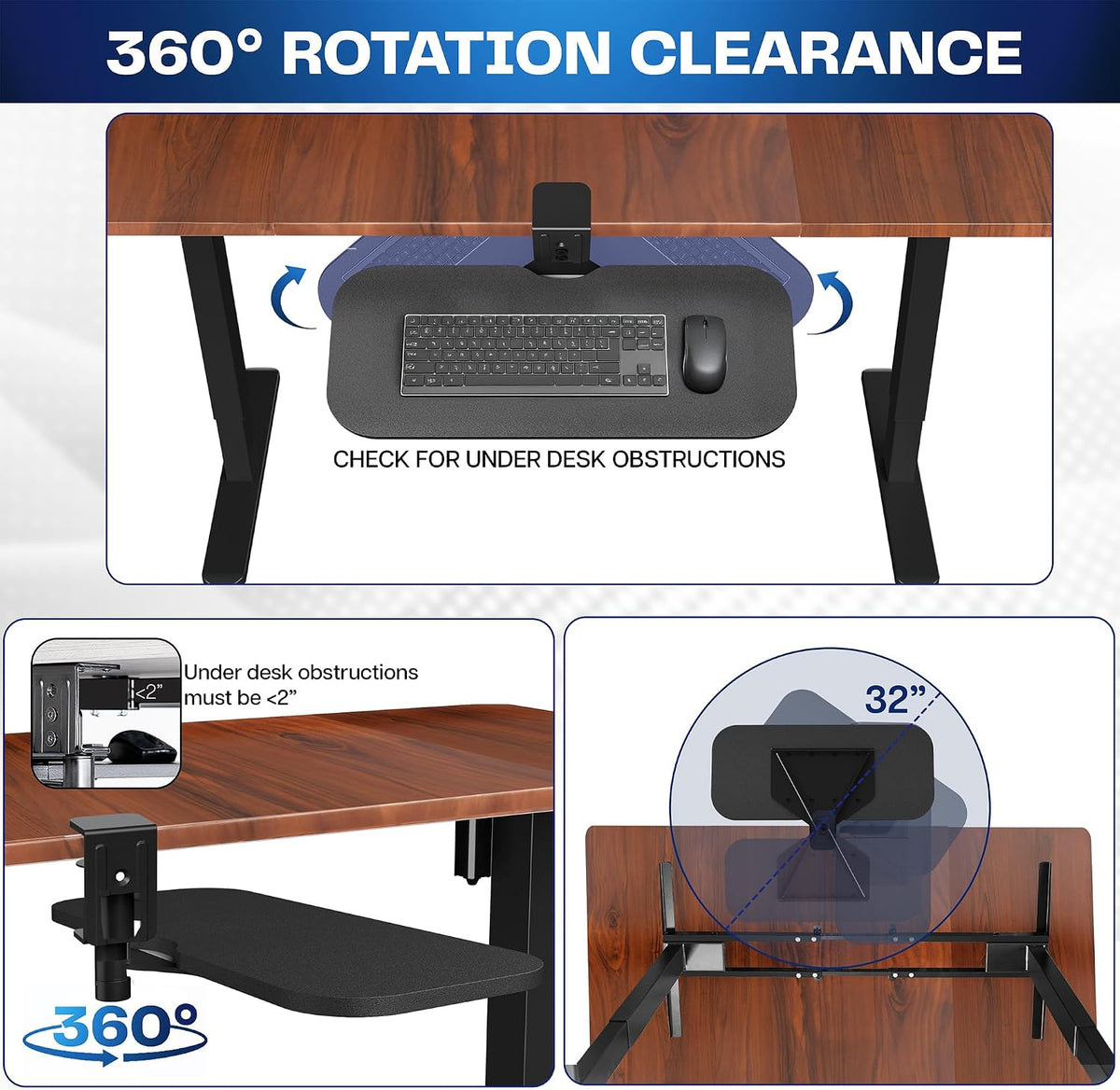 Black Clamp-on 23 x 10 in Rotating Keyboard Tray, MOUNT-KB04CB