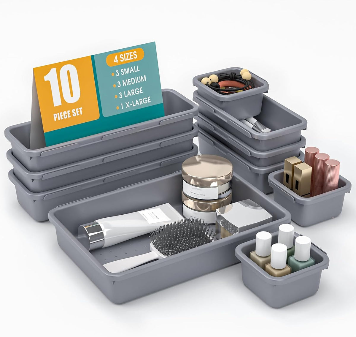 10 PCS Drawer Organizer Set, 4 Size Makeup Drawer Divider Organizer With Non-Slip Pads, Interlocking Plastic Storage Bins for Office,Jewelry Vanity,Gadgets, Bathroom,Kitchen, Black