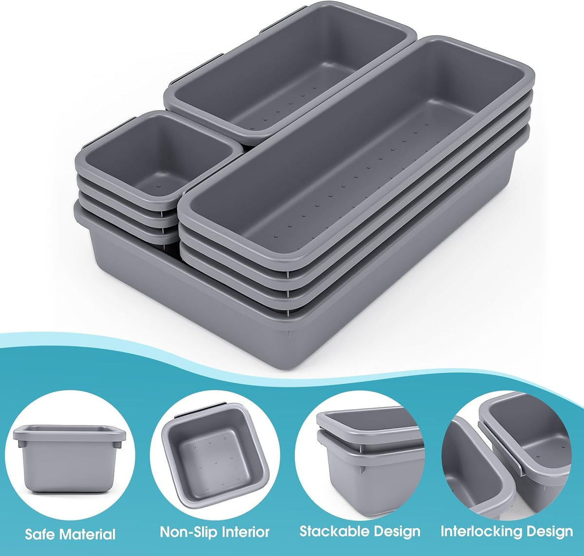 10 PCS Drawer Organizer Set, 4 Size Makeup Drawer Divider Organizer With Non-Slip Pads, Interlocking Plastic Storage Bins for Office,Jewelry Vanity,Gadgets, Bathroom,Kitchen, Black