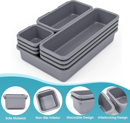 10 PCS Drawer Organizer Set, 4 Size Makeup Drawer Divider Organizer With Non-Slip Pads, Interlocking Plastic Storage Bins for Office,Jewelry Vanity,Gadgets, Bathroom,Kitchen, Black