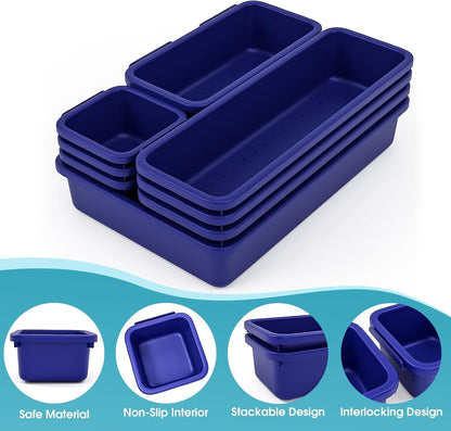10 PCS Drawer Organizer Set, 4 Size Makeup Drawer Divider Organizer With Non-Slip Pads, Interlocking Plastic Storage Bins for Office,Jewelry Vanity,Gadgets, Bathroom,Kitchen, Black