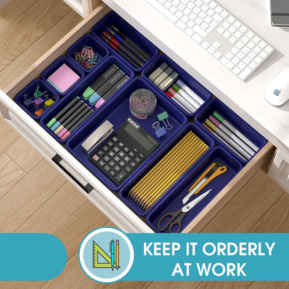 10 PCS Drawer Organizer Set, 4 Size Makeup Drawer Divider Organizer With Non-Slip Pads, Interlocking Plastic Storage Bins for Office,Jewelry Vanity,Gadgets, Bathroom,Kitchen, Black