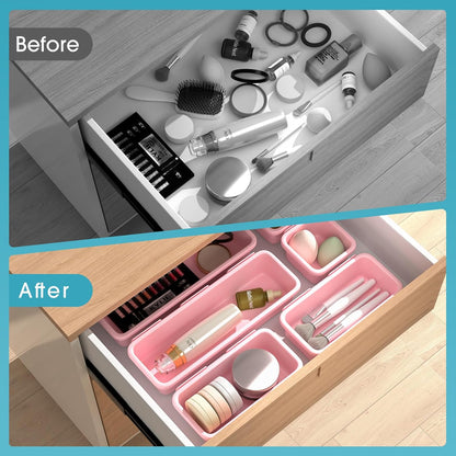 10 PCS Drawer Organizer Set, 4 Size Makeup Drawer Divider Organizer With Non-Slip Pads, Interlocking Plastic Storage Bins for Office,Jewelry Vanity,Gadgets, Bathroom,Kitchen, Black