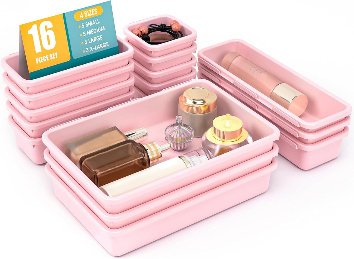10 PCS Drawer Organizer Set, 4 Size Makeup Drawer Divider Organizer With Non-Slip Pads, Interlocking Plastic Storage Bins for Office,Jewelry Vanity,Gadgets, Bathroom,Kitchen, Black
