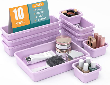 10 PCS Drawer Organizer Set, 4 Size Makeup Drawer Divider Organizer With Non-Slip Pads, Interlocking Plastic Storage Bins for Office,Jewelry Vanity,Gadgets, Bathroom,Kitchen, Black