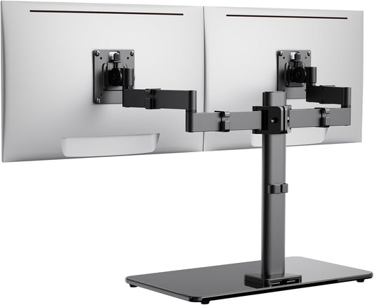 Freestanding Dual Monitor Stand for 17 to 32 Inch Screens, Computer Monitor Mount for 2 Screens, Dual Monitor Arm with Tempered Glass Base, VESA Mount Desk Stand Holds 22 lbs per Arm