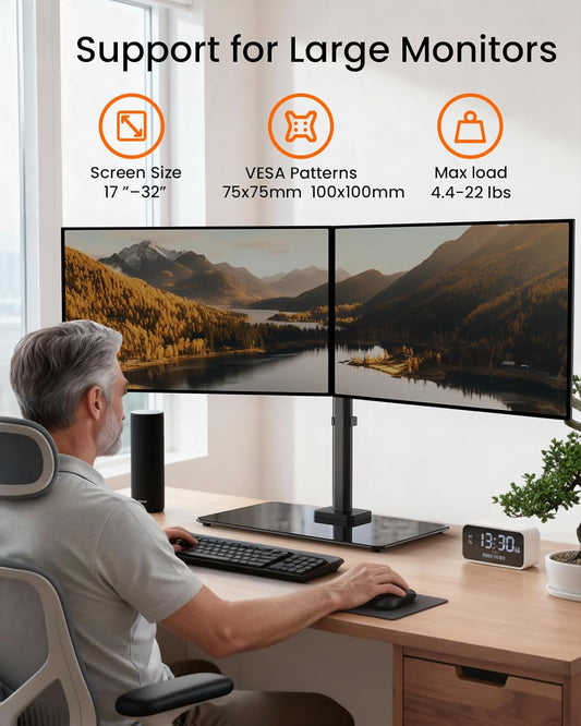 Freestanding Dual Monitor Stand for 17 to 32 Inch Screens, Computer Monitor Mount for 2 Screens, Dual Monitor Arm with Tempered Glass Base, VESA Mount Desk Stand Holds 22 lbs per Arm