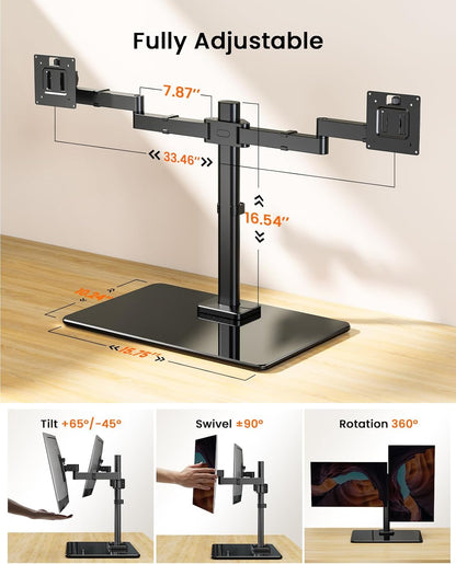 Freestanding Dual Monitor Stand for 17 to 32 Inch Screens, Computer Monitor Mount for 2 Screens, Dual Monitor Arm with Tempered Glass Base, VESA Mount Desk Stand Holds 22 lbs per Arm