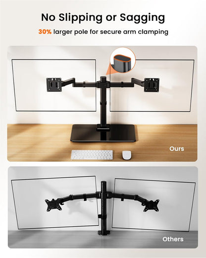 Freestanding Dual Monitor Stand for 17 to 32 Inch Screens, Computer Monitor Mount for 2 Screens, Dual Monitor Arm with Tempered Glass Base, VESA Mount Desk Stand Holds 22 lbs per Arm