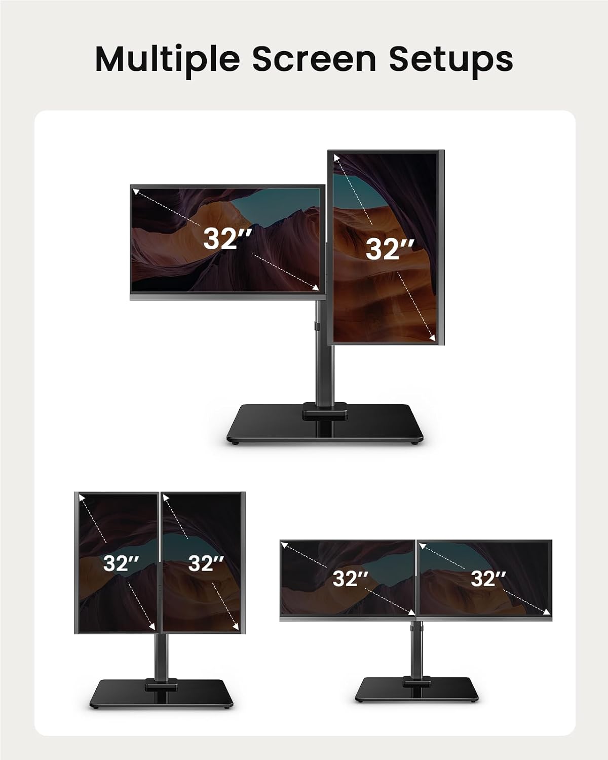Freestanding Dual Monitor Stand for 17 to 32 Inch Screens, Computer Monitor Mount for 2 Screens, Dual Monitor Arm with Tempered Glass Base, VESA Mount Desk Stand Holds 22 lbs per Arm