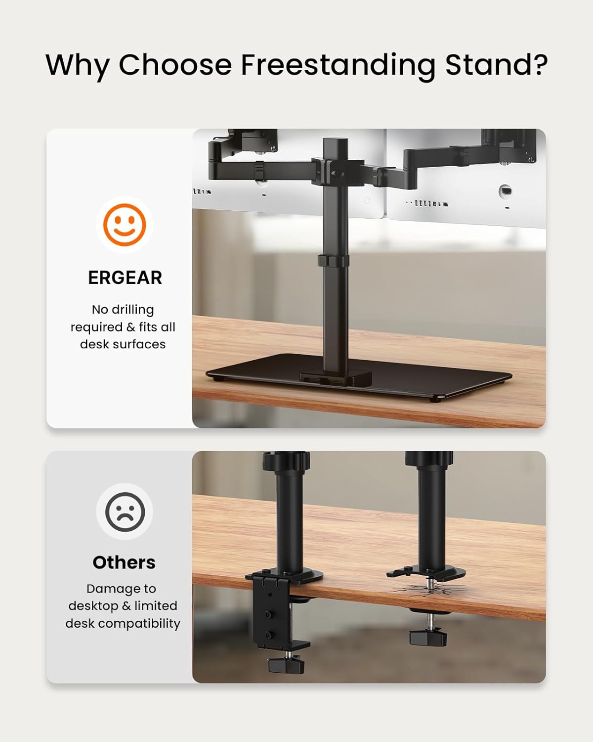 Freestanding Dual Monitor Stand for 17 to 32 Inch Screens, Computer Monitor Mount for 2 Screens, Dual Monitor Arm with Tempered Glass Base, VESA Mount Desk Stand Holds 22 lbs per Arm