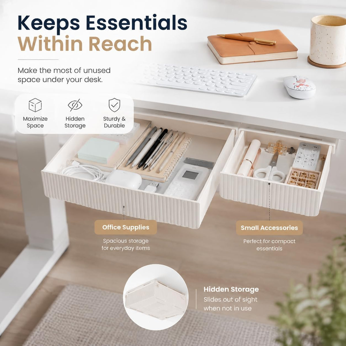 Under Desk Drawer Organizer, 2 Pack Self Adhesive Desk Storage Drawers
