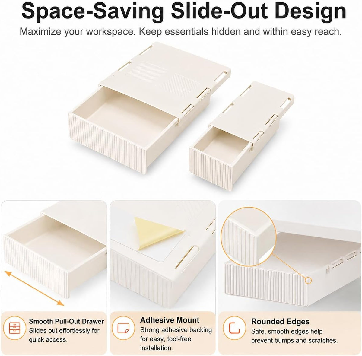 Under Desk Drawer Organizer, 2 Pack Self Adhesive Desk Storage Drawers