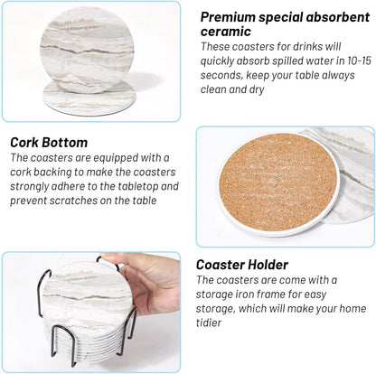Acejoz Drink Coasters with Holder for Coffee Table, Absorbent Coaster Set of 6, Marble Style Ceramic Coaster for Wooden Table, Suitable for Kinds of Cups, Home Decor, 4 Inches