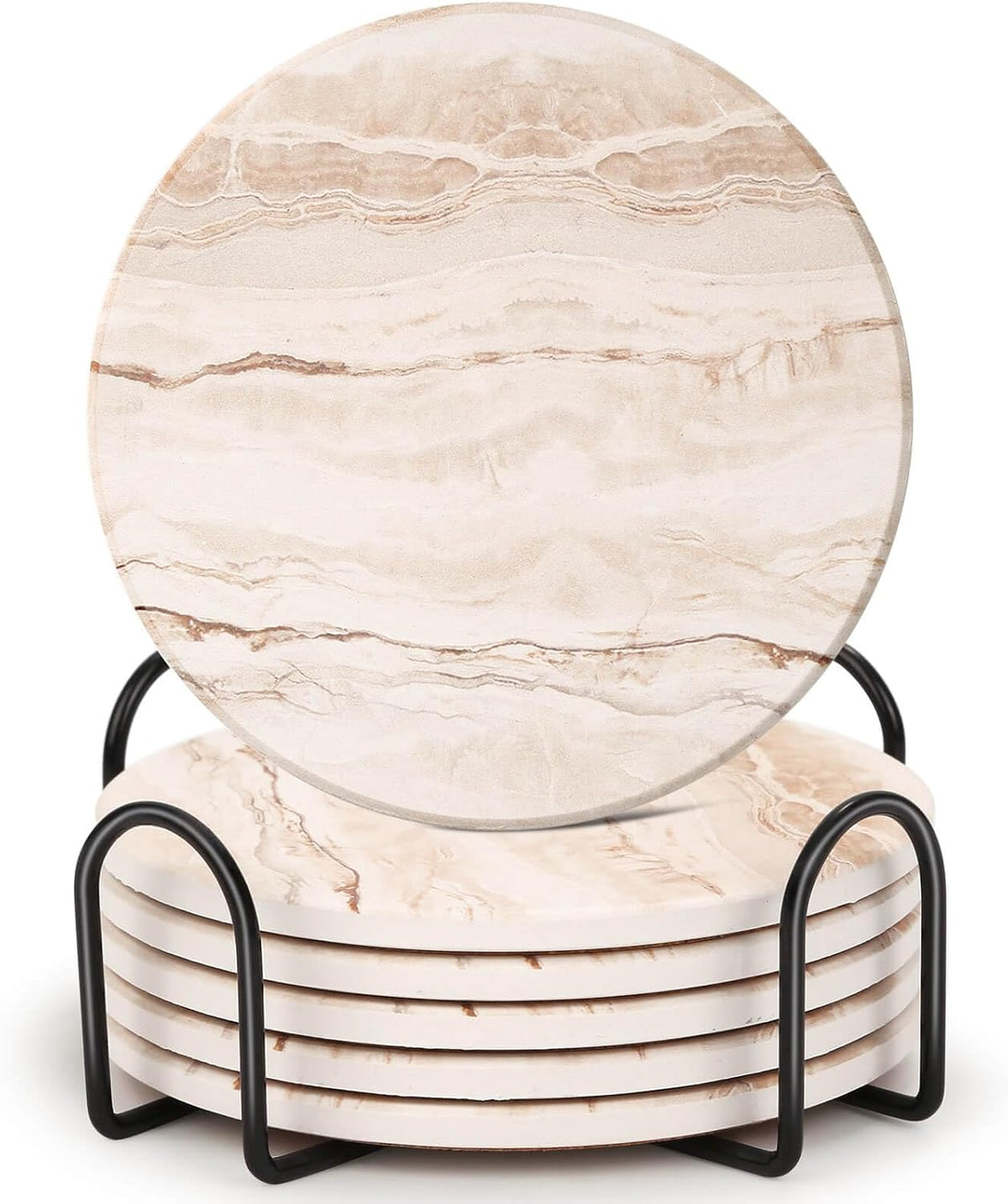 Acejoz Drink Coasters with Holder for Coffee Table, Absorbent Coaster Set of 6, Marble Style Ceramic Coaster for Wooden Table, Suitable for Kinds of Cups, Home Decor, 4 Inches