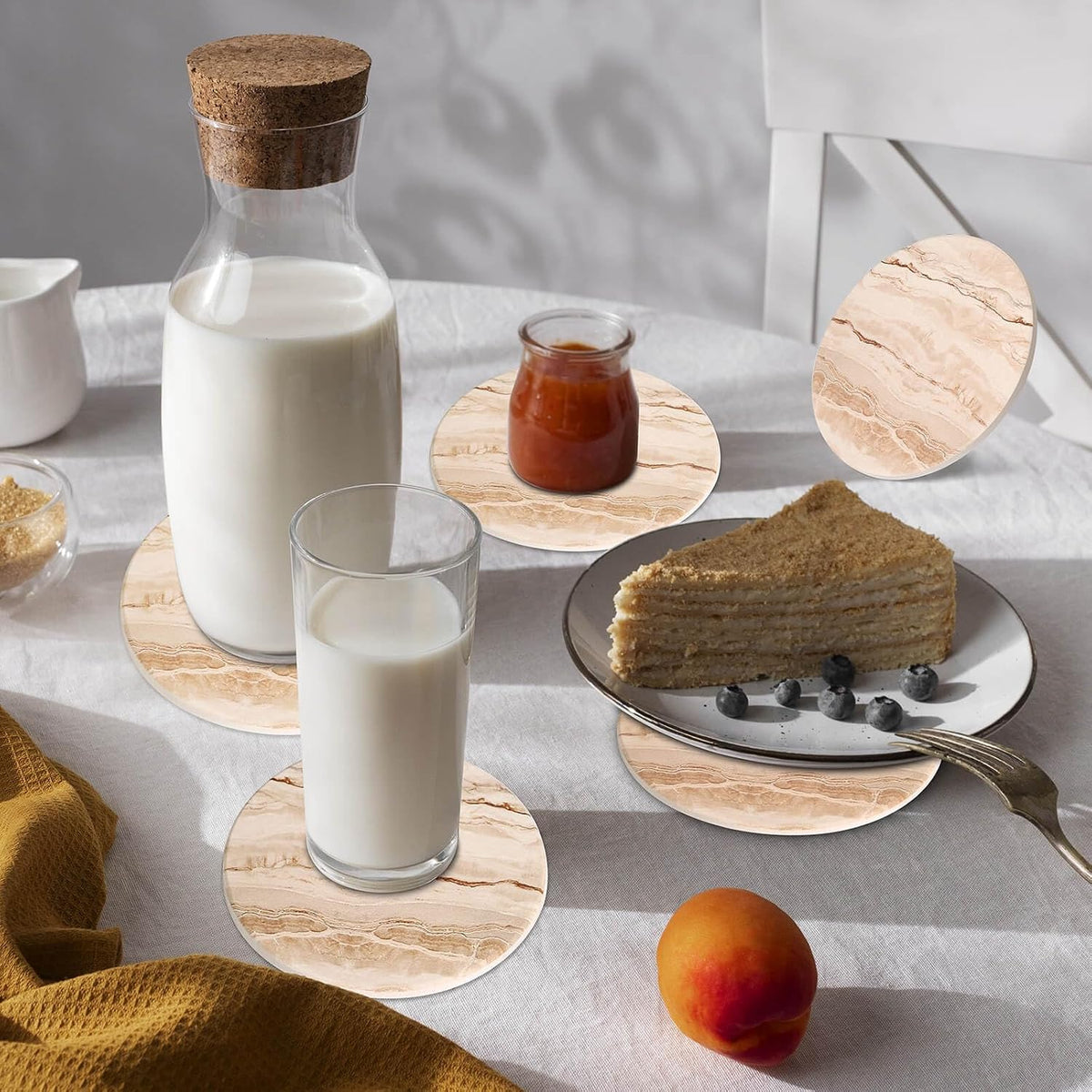 Acejoz Drink Coasters with Holder for Coffee Table, Absorbent Coaster Set of 6, Marble Style Ceramic Coaster for Wooden Table, Suitable for Kinds of Cups, Home Decor, 4 Inches