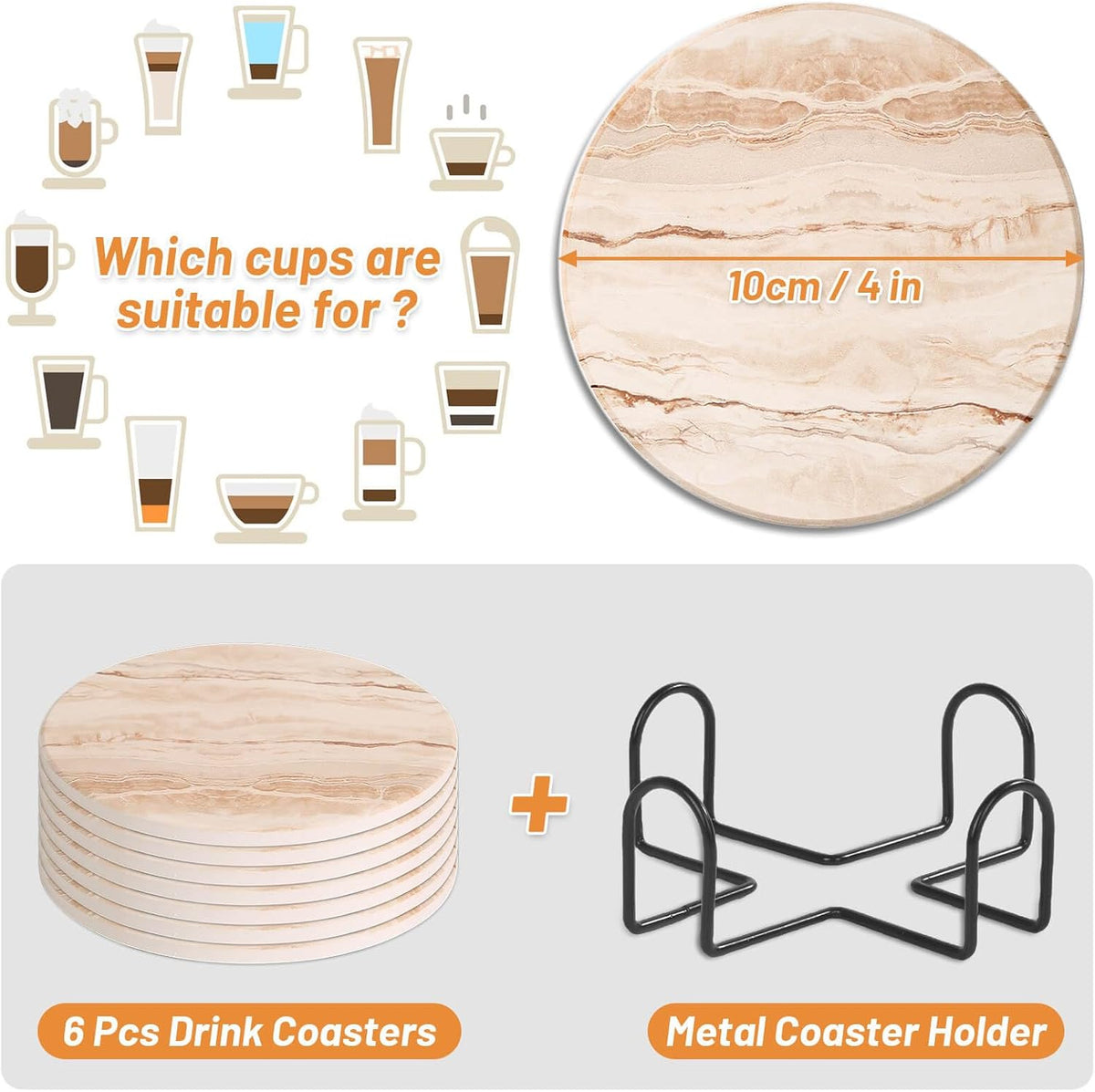 Acejoz Drink Coasters with Holder for Coffee Table, Absorbent Coaster Set of 6, Marble Style Ceramic Coaster for Wooden Table, Suitable for Kinds of Cups, Home Decor, 4 Inches