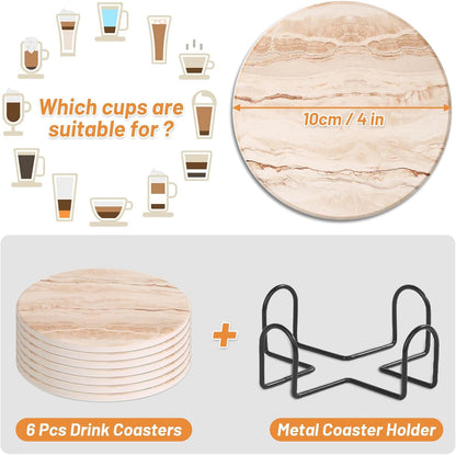Acejoz Drink Coasters with Holder for Coffee Table, Absorbent Coaster Set of 6, Marble Style Ceramic Coaster for Wooden Table, Suitable for Kinds of Cups, Home Decor, 4 Inches