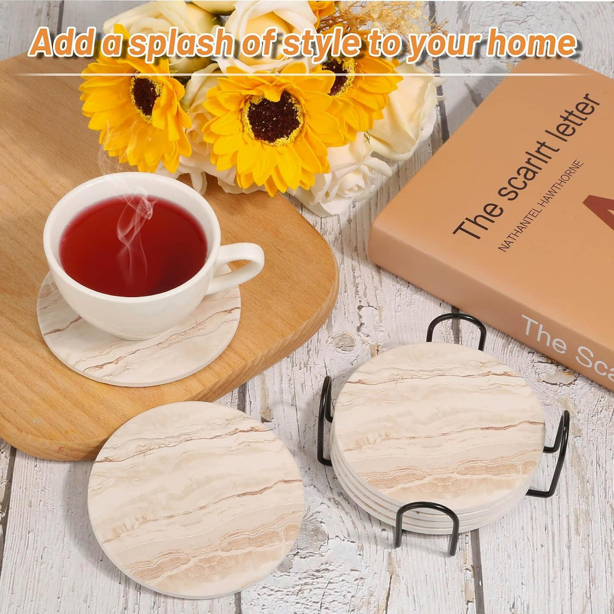 Acejoz Drink Coasters with Holder for Coffee Table, Absorbent Coaster Set of 6, Marble Style Ceramic Coaster for Wooden Table, Suitable for Kinds of Cups, Home Decor, 4 Inches