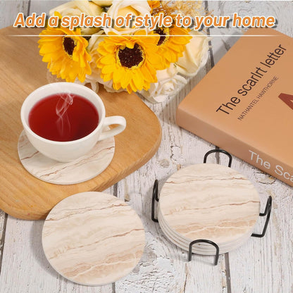 Acejoz Drink Coasters with Holder for Coffee Table, Absorbent Coaster Set of 6, Marble Style Ceramic Coaster for Wooden Table, Suitable for Kinds of Cups, Home Decor, 4 Inches