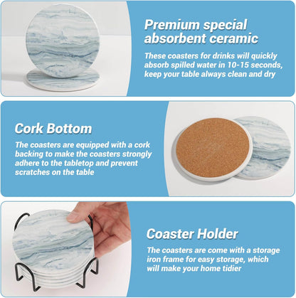 Acejoz Drink Coasters with Holder for Coffee Table, Absorbent Coaster Set of 6, Marble Style Ceramic Coaster for Wooden Table, Suitable for Kinds of Cups, Home Decor, 4 Inches