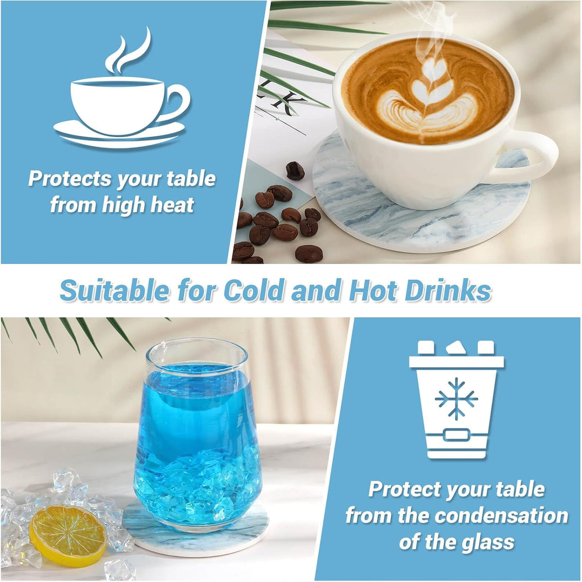 Acejoz Drink Coasters with Holder for Coffee Table, Absorbent Coaster Set of 6, Marble Style Ceramic Coaster for Wooden Table, Suitable for Kinds of Cups, Home Decor, 4 Inches