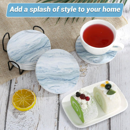 Acejoz Drink Coasters with Holder for Coffee Table, Absorbent Coaster Set of 6, Marble Style Ceramic Coaster for Wooden Table, Suitable for Kinds of Cups, Home Decor, 4 Inches