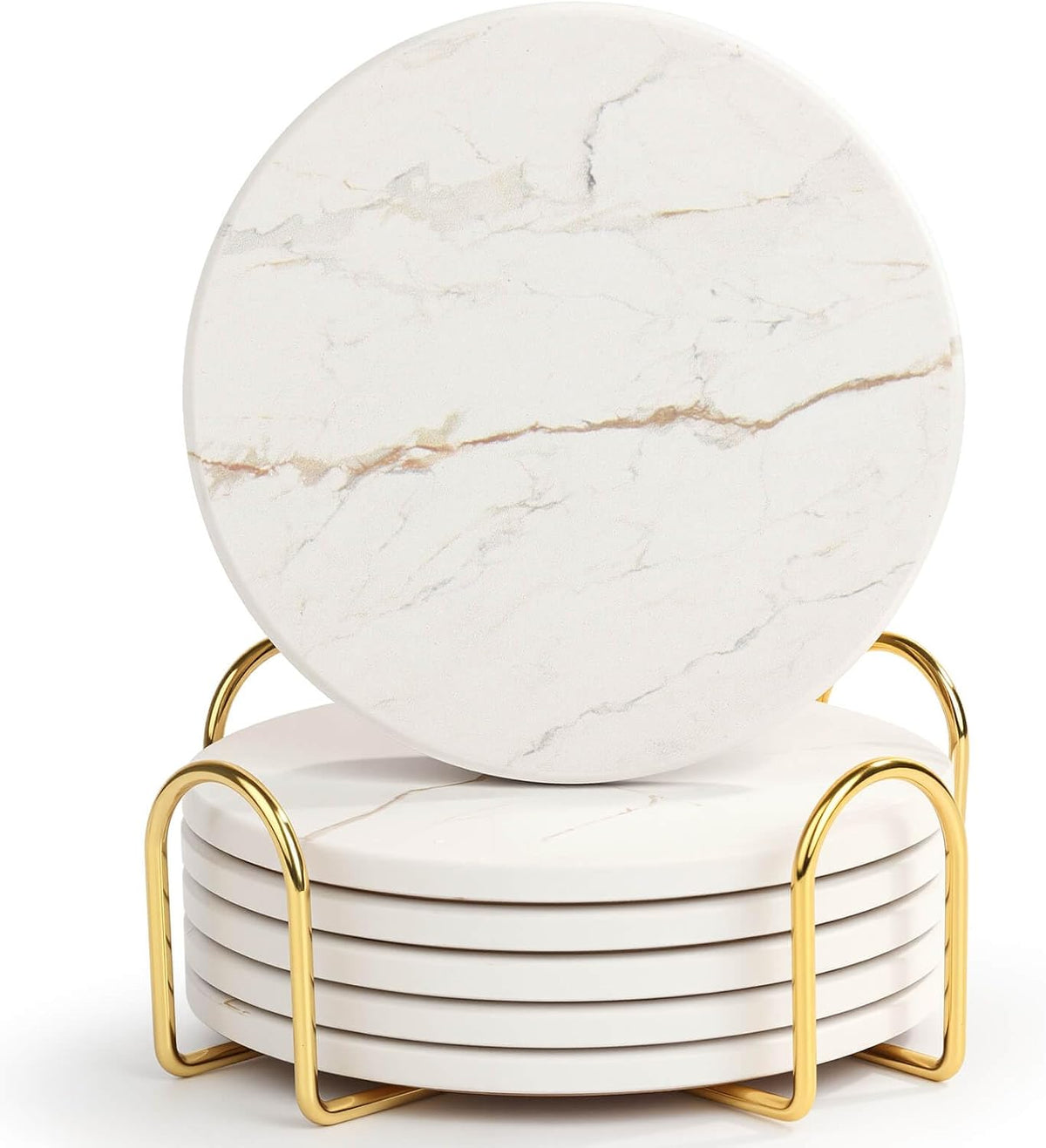 Acejoz Drink Coasters with Holder for Coffee Table, Absorbent Coaster Set of 6, Marble Style Ceramic Coaster for Wooden Table, Suitable for Kinds of Cups, Home Decor, 4 Inches