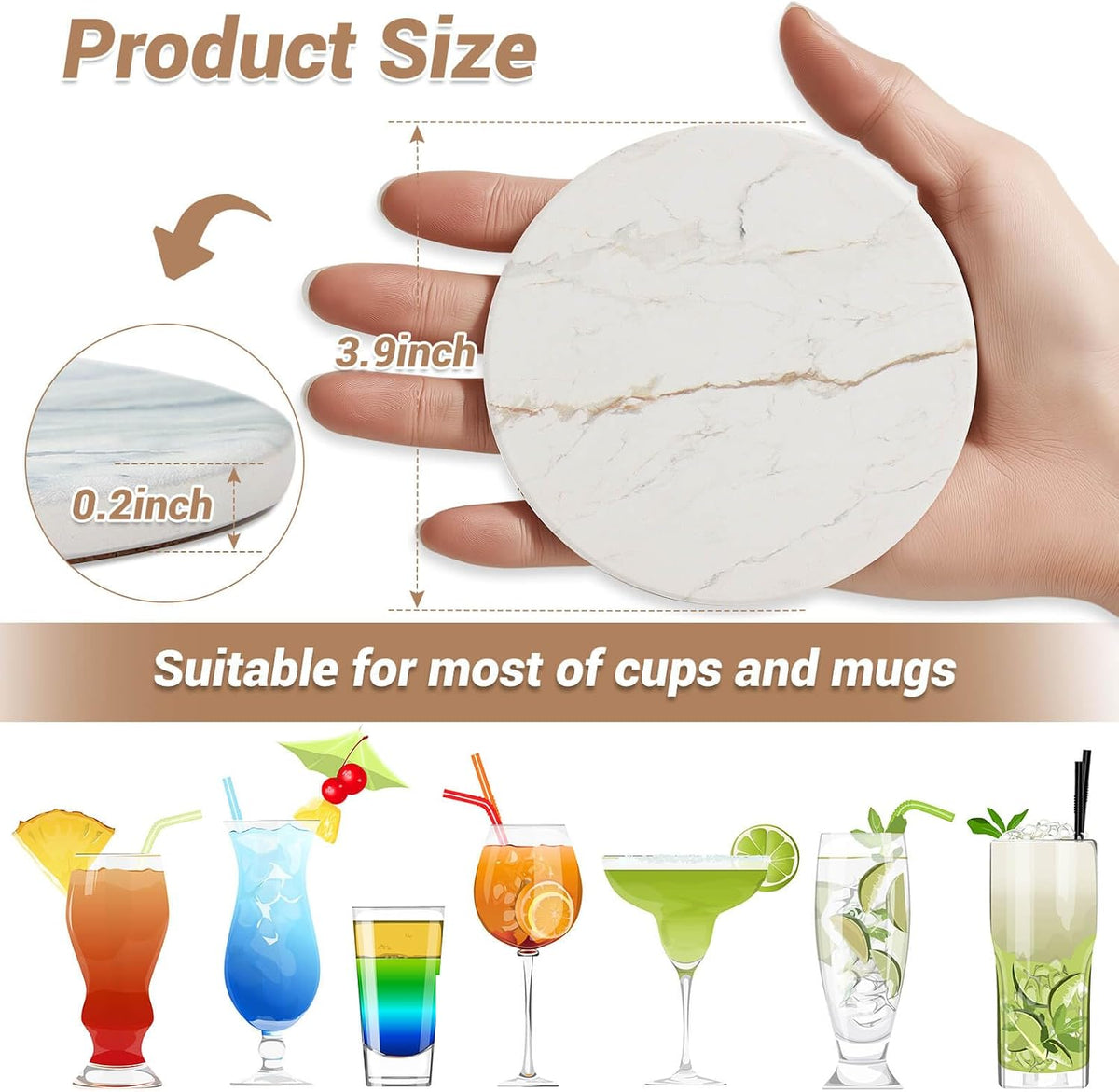Acejoz Drink Coasters with Holder for Coffee Table, Absorbent Coaster Set of 6, Marble Style Ceramic Coaster for Wooden Table, Suitable for Kinds of Cups, Home Decor, 4 Inches