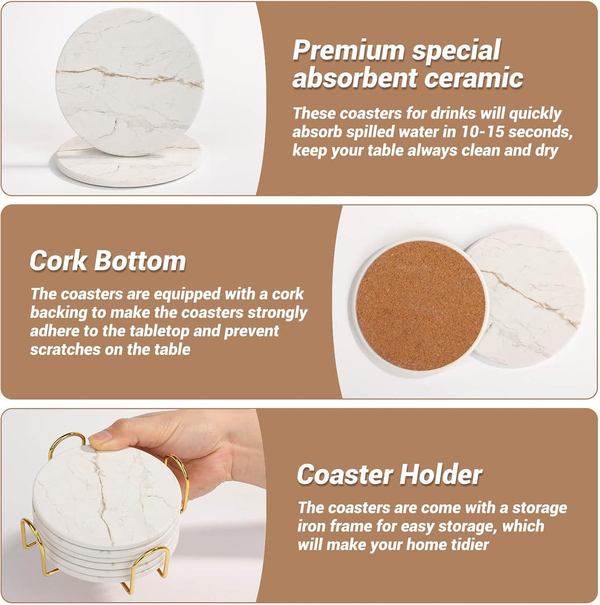 Acejoz Drink Coasters with Holder for Coffee Table, Absorbent Coaster Set of 6, Marble Style Ceramic Coaster for Wooden Table, Suitable for Kinds of Cups, Home Decor, 4 Inches