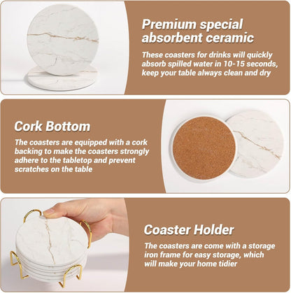 Acejoz Drink Coasters with Holder for Coffee Table, Absorbent Coaster Set of 6, Marble Style Ceramic Coaster for Wooden Table, Suitable for Kinds of Cups, Home Decor, 4 Inches
