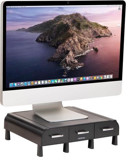 Monitor Stand, Laptop Riser, Desktop Organizer, Storage Drawer, Office, Plastic, 13.5"L x 13"W x 4"H, Black