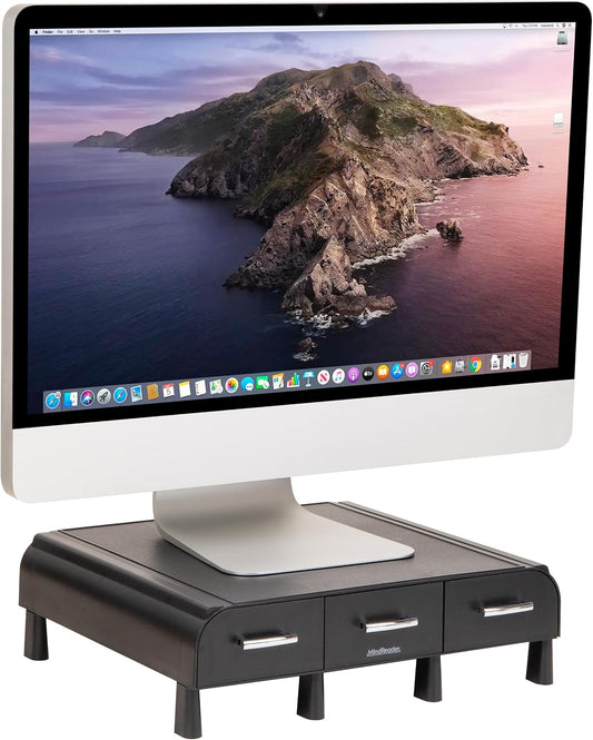 Monitor Stand, Laptop Riser, Desktop Organizer, Storage Drawer, Office, Plastic, 13.5"L x 13"W x 4"H, Black