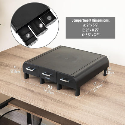 Monitor Stand, Laptop Riser, Desktop Organizer, Storage Drawer, Office, Plastic, 13.5"L x 13"W x 4"H, Black