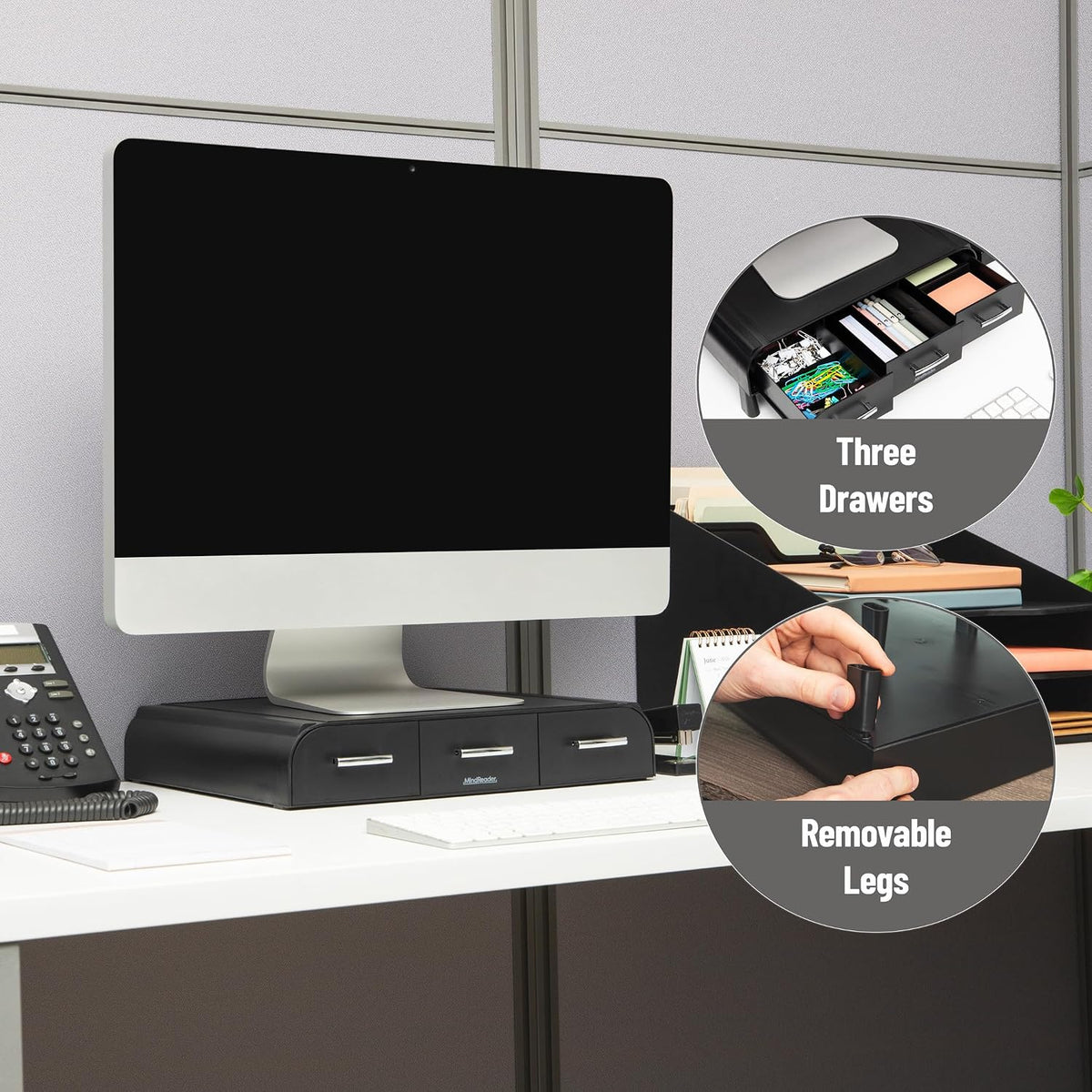 Monitor Stand, Laptop Riser, Desktop Organizer, Storage Drawer, Office, Plastic, 13.5"L x 13"W x 4"H, Black
