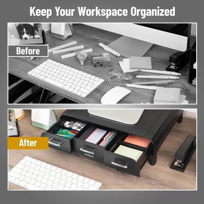 Monitor Stand, Laptop Riser, Desktop Organizer, Storage Drawer, Office, Plastic, 13.5"L x 13"W x 4"H, Black