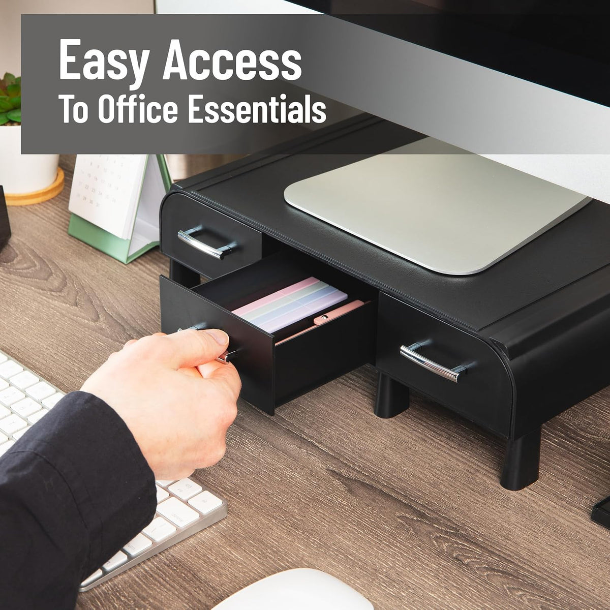 Monitor Stand, Laptop Riser, Desktop Organizer, Storage Drawer, Office, Plastic, 13.5"L x 13"W x 4"H, Black