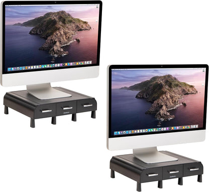 Monitor Stand, Laptop Riser, Desktop Organizer, Storage Drawer, Office, Plastic, 13.5"L x 13"W x 4"H, Black
